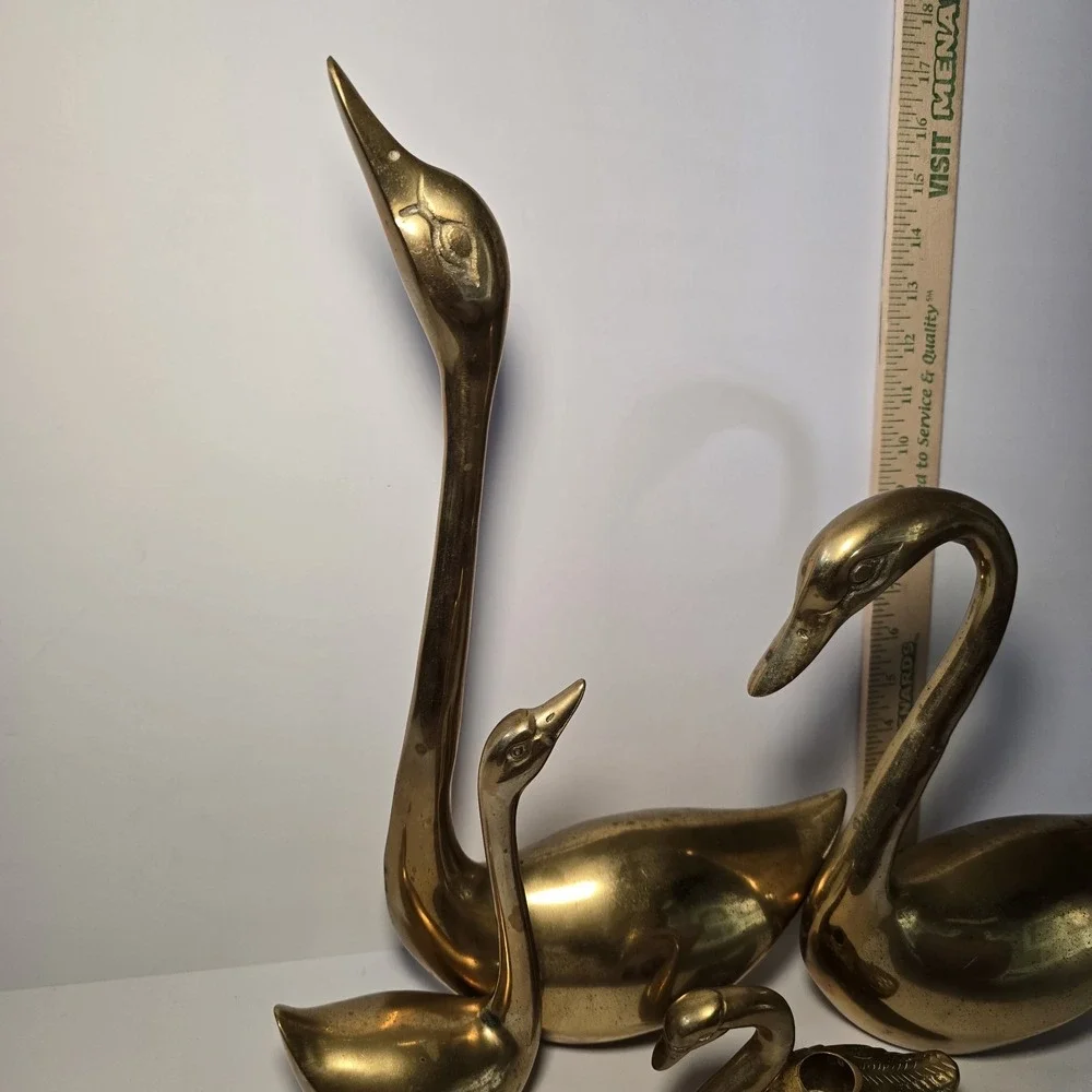 Vtg lot of 4 Large Solid Brass Swan Sculptures MCM Patina Aging Different sizes
